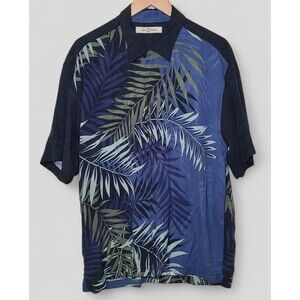 Tommy Bahama Hawaiian Camp Shirt Men's X-Large Blue Black Green 100% Silk Palms
